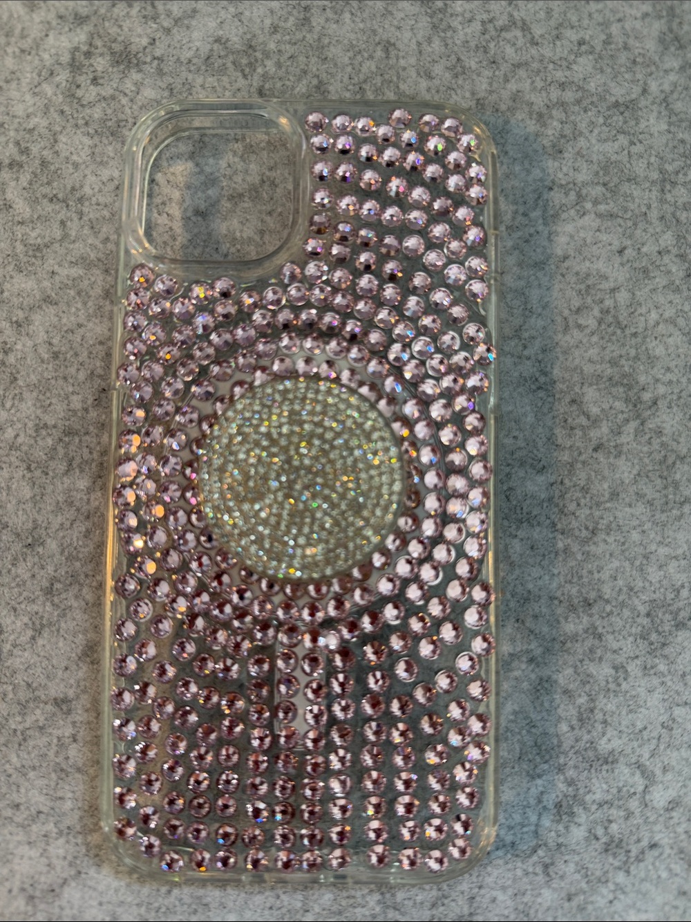 iPhone 14+/15+, pink rhinestone covered & clear rhinestone pop socket.